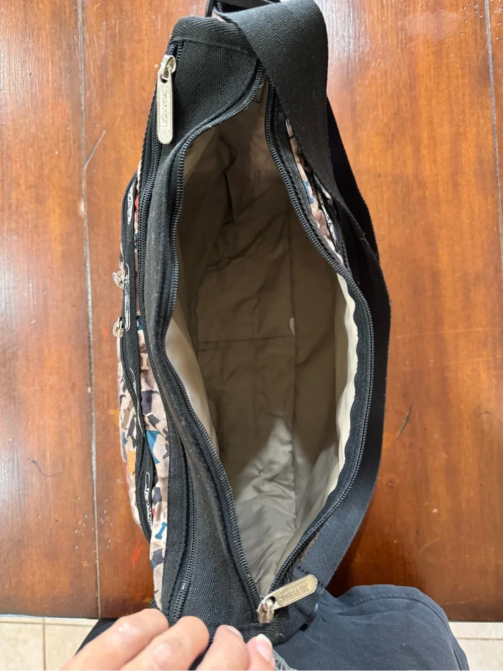 LeSportsac Multi-Dog Print Crossbody in Beige, Blue, Black & Red Accents